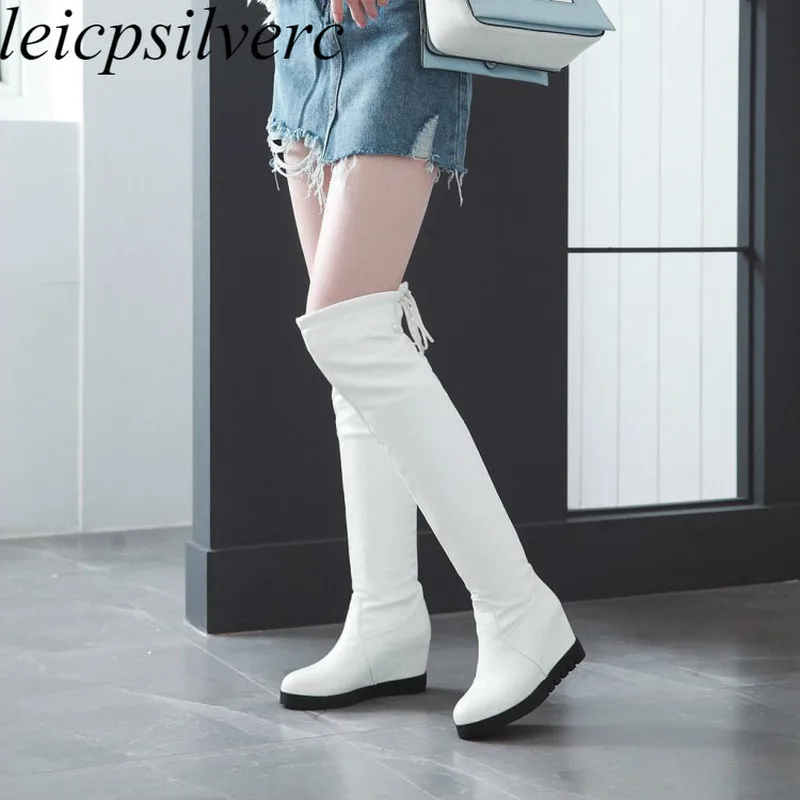 

Women's Boots High-heel Over The Knee Round Toe Lace Up Wedges 2018 New Sexy Fashion Pu Martin Boots Black White Size 34-43