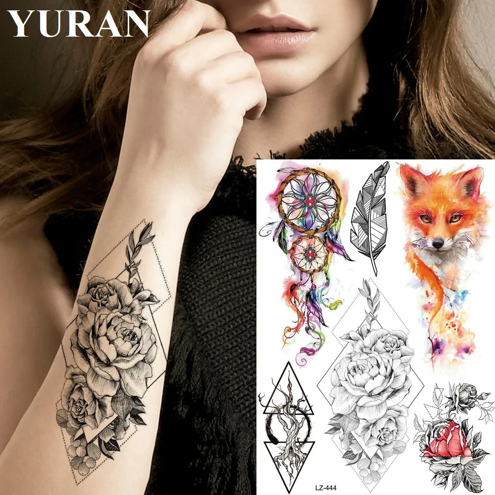 

YURAN Women Wrist Watercolor Fox Dream Catcher Tattoos Stickers Girls Geometric Flower Fake Tattoos Temporary Body Arm Art Tatto