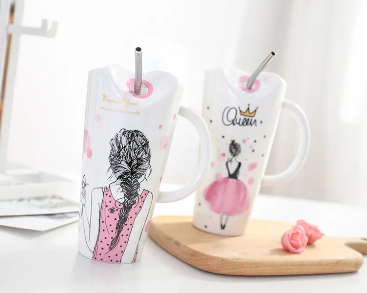 Cute Girl Ceramic Cup 450ml Porcelain Coffee Mug with Straw Women