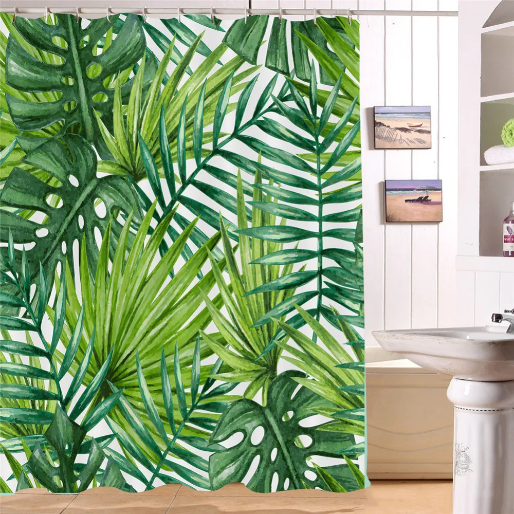 Nordic Style Palm Leaf Shower Curtain Tropical Plants Printed Curtain