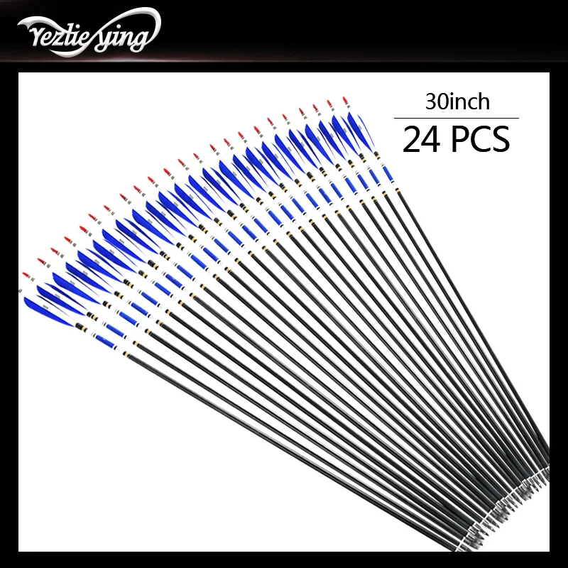 12PCS 30-Inch Pure Carbon Arrow Blue Turkey Feather 20-50 Pounds Recurve/Compound Bow Outdoor Hunting Archery