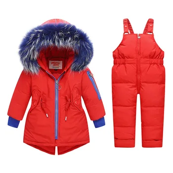 

2018 Children Winter Clothing baby boy girl duck down fur hoodied detachable jacket coat kids toddler 2pcs clothing suit outfit