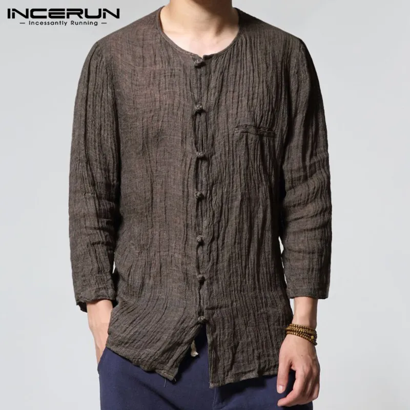 

INCERUN Retro Chinese Style Three Quarter Linen Mens Shirts Casual Cotton Regular Fit Solid Button Cover Male Dress Shirts
