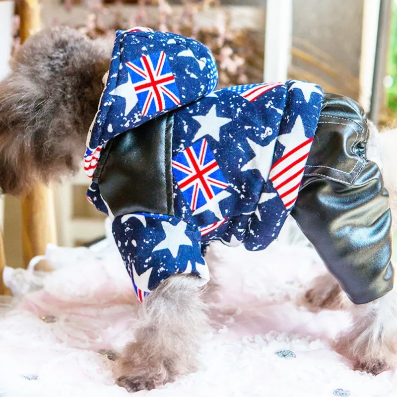 Зимние комбинезоны для собак; утолщенный теплый костюм из искусственной кожи на четыре ноги; хлопковое Стеганое пальто с капюшоном для щенков; куртка для собак