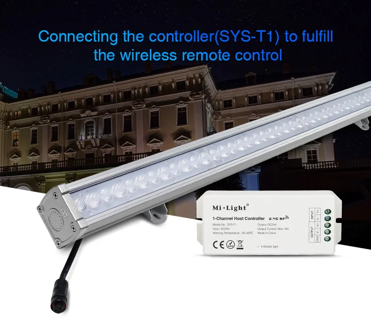 

MiLight SYS-RL1 24W RGB+CCT LED Wall Washer Light DC24V Subordinate Lamp IP66 Waterproof Drived by SYS-T1 Remote Host Controller