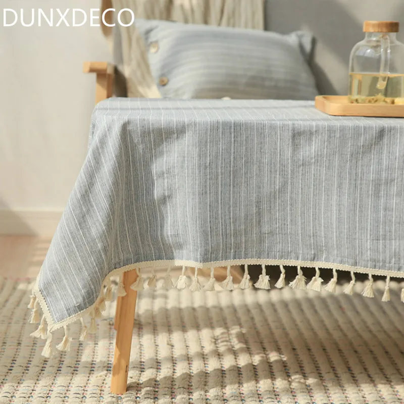 

DUNXDECO Tablecloth Linen Cotton Table Cover Fabric Nordic Fresh Blue Stripe Romantic Fringe Home Party Decoration