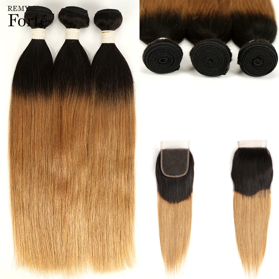 Remy Forte 30 дюймов пучки с закрытием пучки волос от светлого до темного цвета с закрытием 100% бразильские волосы плетение пучков 2/3 пучков