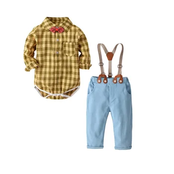 

QAZIQILAND Spring Autumn Fashion infant clothing Baby Suit Baby Boys Clothes Gentleman Bow Tie Rompers + Vest + pants Baby Set