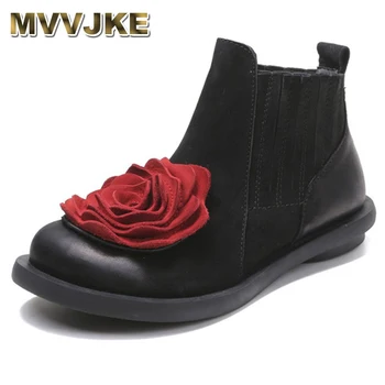 

MVVJKE 2018 Big Red Flower Women Boots Cow Suede Round Toes Ankle Boots Flat Heels Handmade Shoes Vintage Boots