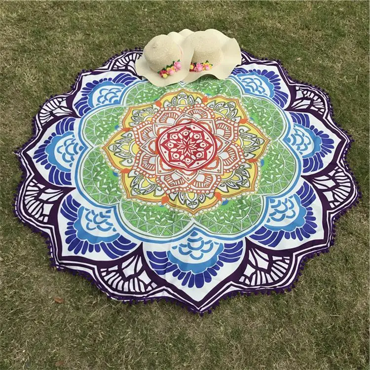 Женский шикарный индийский гобелен с кисточками и мандалой с принтом лотоса, богемный пляжный коврик для йоги, Солнцезащитный круглый бикини, покрывало-одеяло - Цвет: Blue D