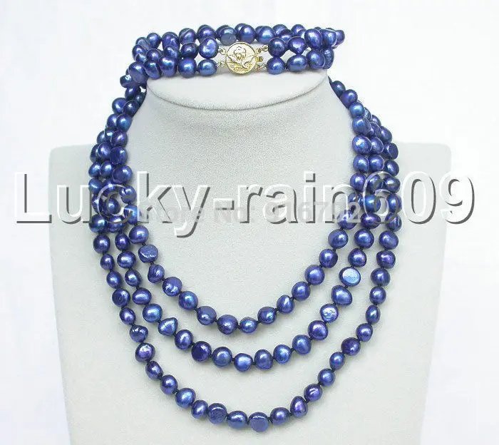 

HYFY2014325*stylish 49" 8-9mm baroque navy blue FW pearls necklace 2row bracelet set