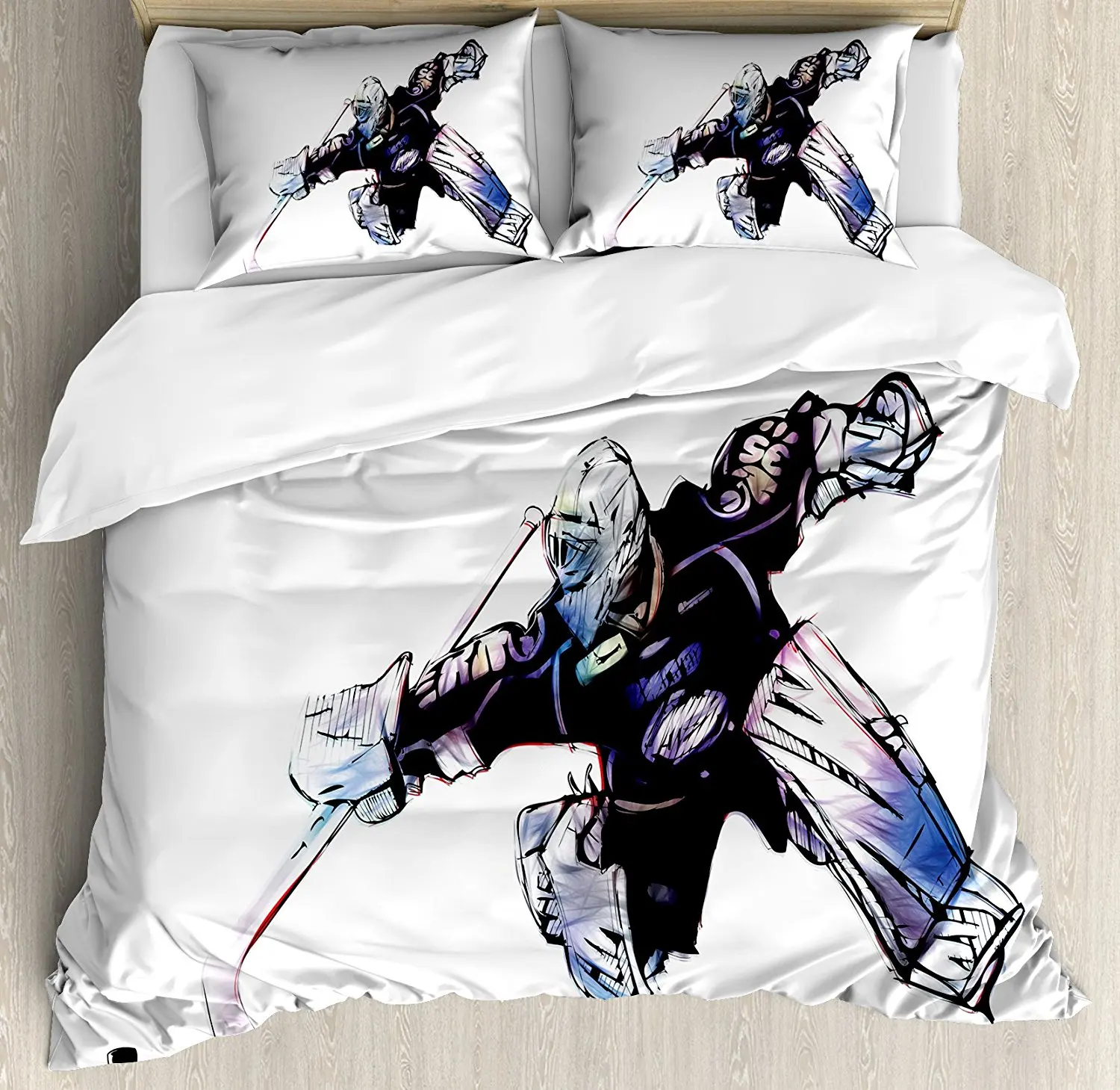 

Hockey Duvet Cover Set Goalkeeper in Hand Drawn Style with Protective Gear in a Competitive Game Bedding Set Purple Black White