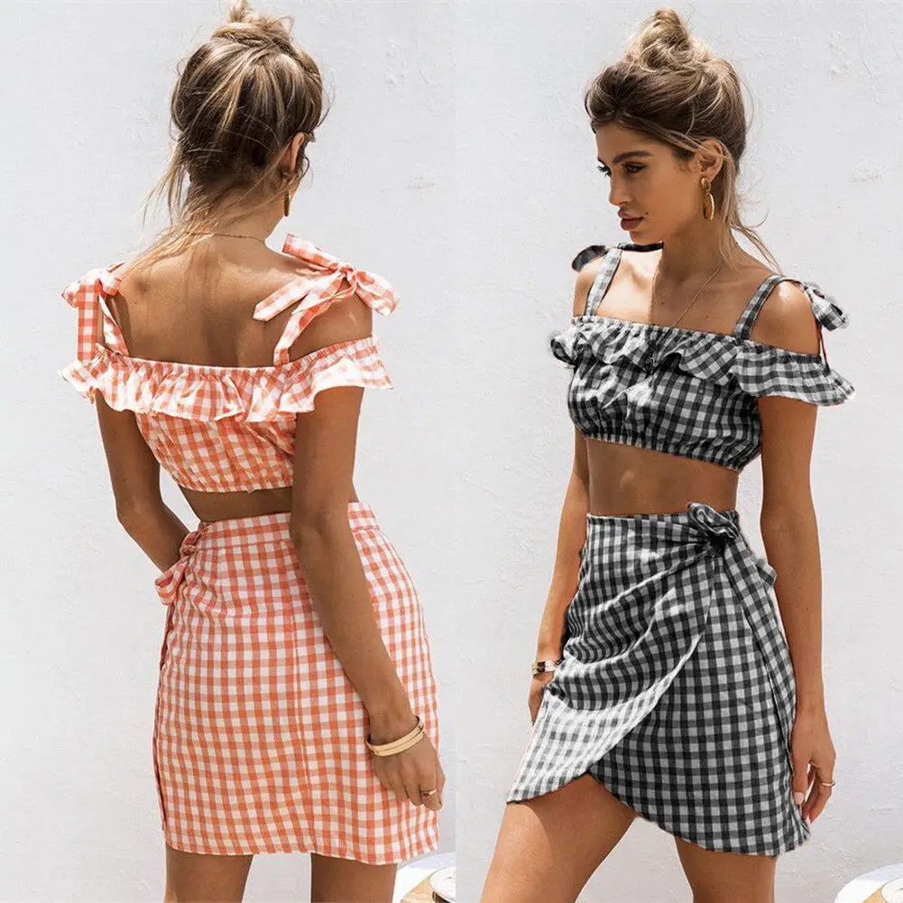 Shoulder Crop Top Short Skirt Set 