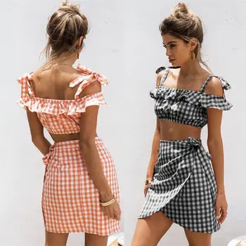 

Women Sexy Lace Up Off Shoulder Crop Top Short Skirt Set 2 Piece Outfit Plaid Dress Summer Holiday Beach Wear