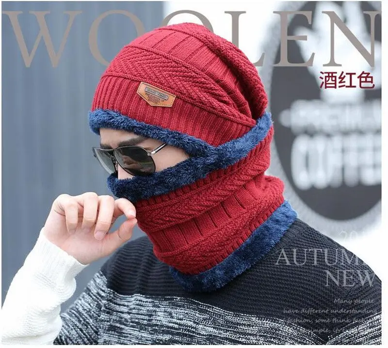 RUHAO Skullies Beanies 2pcs ski cap scarf cold warm leather winter hat for women men Knitted hat Bonnet Warm Cap