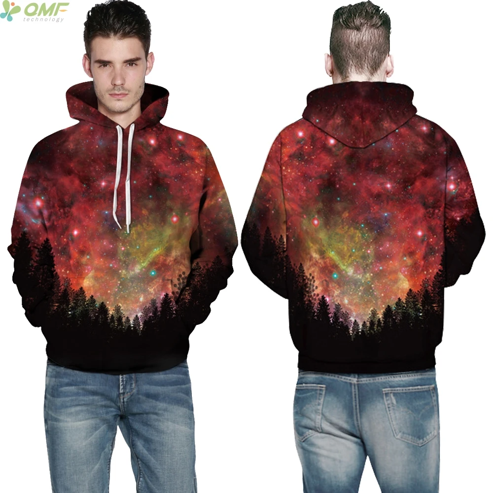 Red Aurora Forest Print Male Sweatshirts Fashion Harajuku