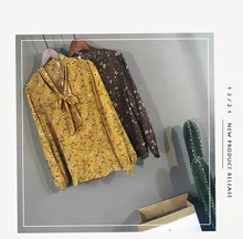 korean fashion clothing sweet cute bow collar long-sleeved floral print chiffon blouse female wild loose bottoming shirt