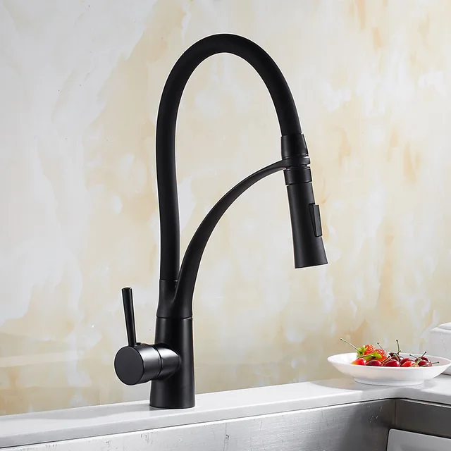 Special Price Brass Matte Black Kitchen Faucets with Rubber Design Mixer Faucet for Kitchen Single Handle Pull Down Deck Mounted Crane