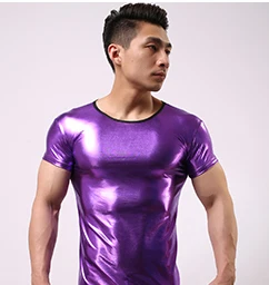 Мужские облегающие сценические футболки, блестящие цветные сексуальные блестящие кожаные футболки для геев, фитнеса, вечернего шоу, топы с короткими рукавами - Цвет: only T shirts