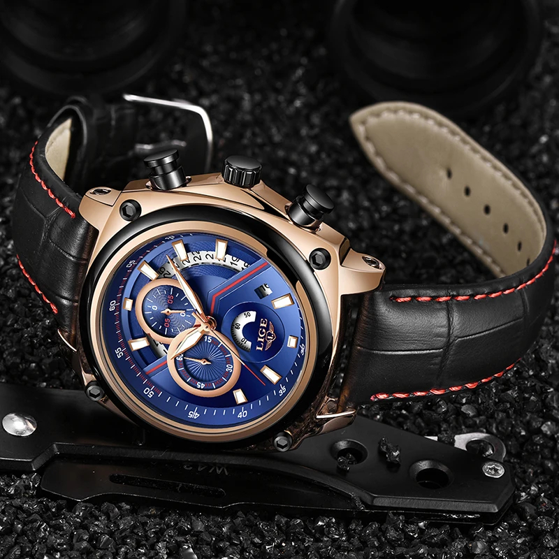 

Montre Homme 2019 LIGE Mens Watches Top Brand Luxury Business Clock Men's leather watch strap Chronograph Men Quartz WristWatch