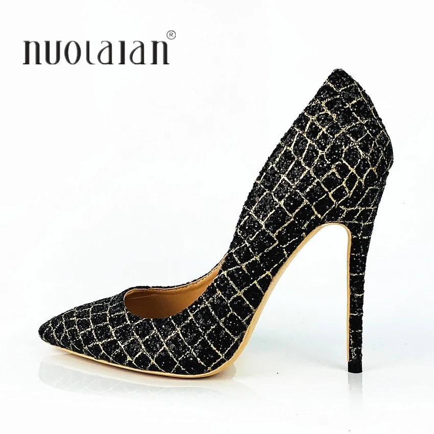 Black Women Pumps Sequined Shoes Woman Pointed Toe High Heels Shoes