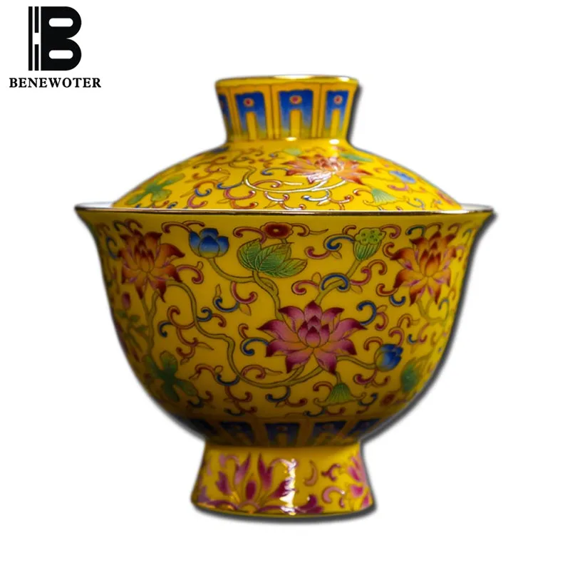 

200ml Jingdezhen Vintage Color Enamel Ceramic Porcelain Golden Gaiwan Painted Lotus Tea Cup Cover Bowl Puer Coffee Cup Drinkware