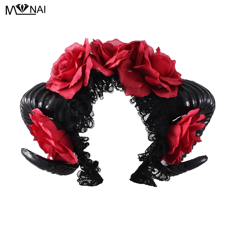

Goth RAM Horns Headband Cosplay Hair accessories Red Flowers Costumes Gothic Headdress Halloween Party Accessories Steampunk