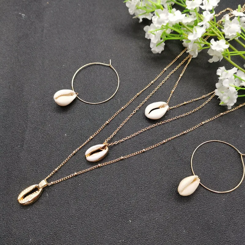 

JCYMONG New Fashion Natural Shell Pendant Earrings Gold Silver Color Round Circle Hook Earrings Multilayer Necklace Jewelry Set