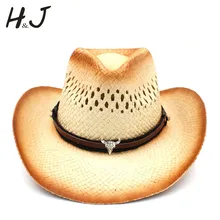 Женская и Мужская Западная ковбойская шляпа с панк голова быка полоса соломенная леди папа пляж солнце сомбреро сетка пастушка джаз шляпа размер 58 см