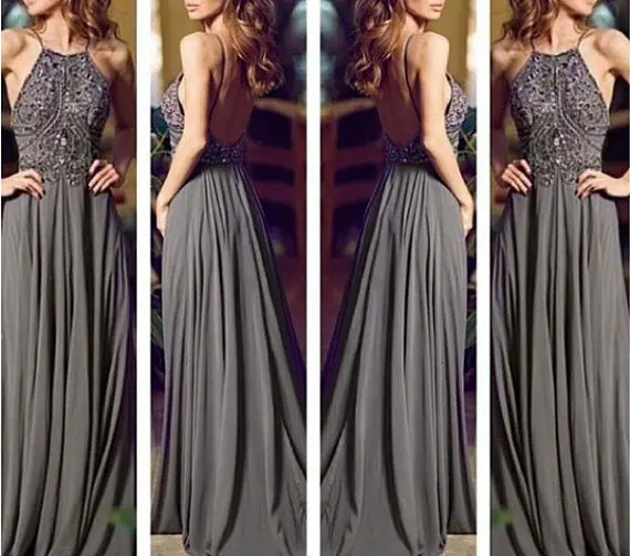 2017 backless gray long chiffon bling prom dress prom gown evening