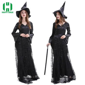 

High Quality Witch Custume Women Halloween Masquerade Party Cosplay Maleficent Dress Vintage Gothic Long Dress Witch Costume
