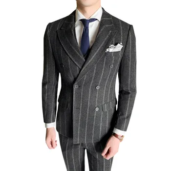 

England Stripe Formal Dress Wool Men Suit Casual Slim Fit Suits Groom Prom Wedding Suits Man Double Breasted Tuxedo Costume