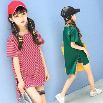 

Girls Long T Shirt Summer Striped Tops 2020 Short Sleeves Tee Tshirt For Girls Fashion Dress Beads Basic Cotton Tees RED / GREEN