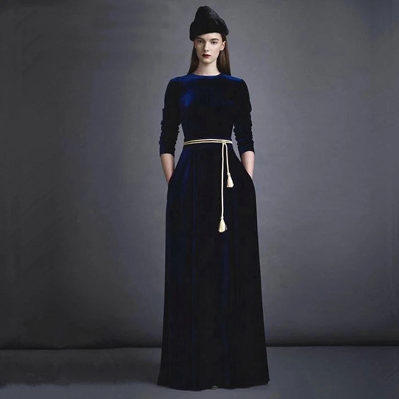 2016 Fall Fashion Hight quality Women's Long Sleeve Solid Noble Velvet Maxi Dress Formal Draped Split With Belt | Женская одежда