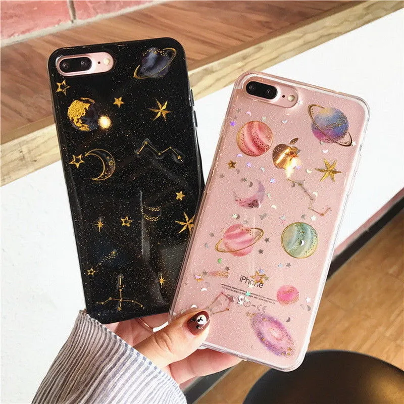 

Fashion Bling Glitter Cute Star Case For iPhone 8 7 6 6S Plus Space Planet Soft Silicone Shockproof Cover For iphone X XS MAX XR