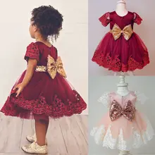Праздничные торжественные платья с короткими рукавами и цветочной аппликацией и бантом для маленьких девочек кружевные и сетчатые вечерние фатиновые платья с оборками