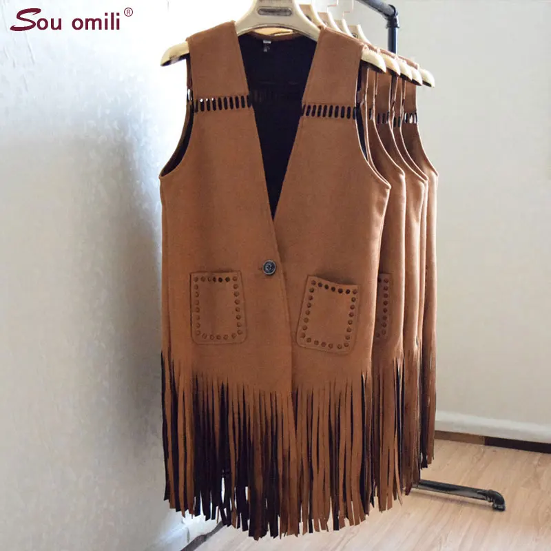 

Women's Vest Ladies Suede Leather Tassel Ladies Fringed Waistcoat Female Colete Feminino Autumn Outerwear Cardigan Vest 2018