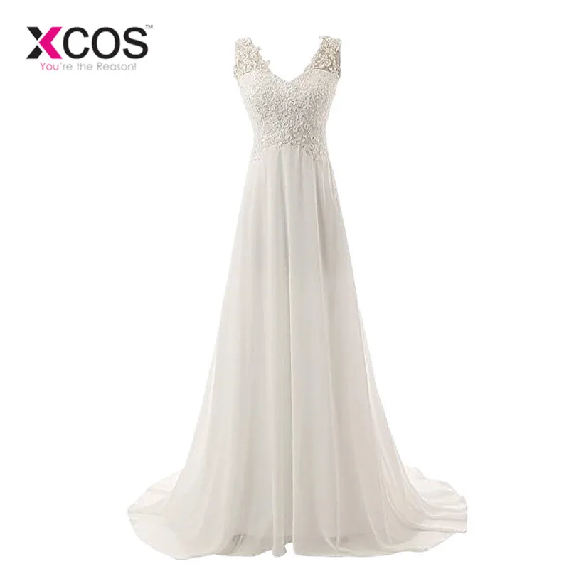 

XCOS Beach Wedding Dresses 2018 A-Line Elegant Lace Appliques Chiffon Plus Size Wedding Bridal Gowns Dress Vestido De Noiva