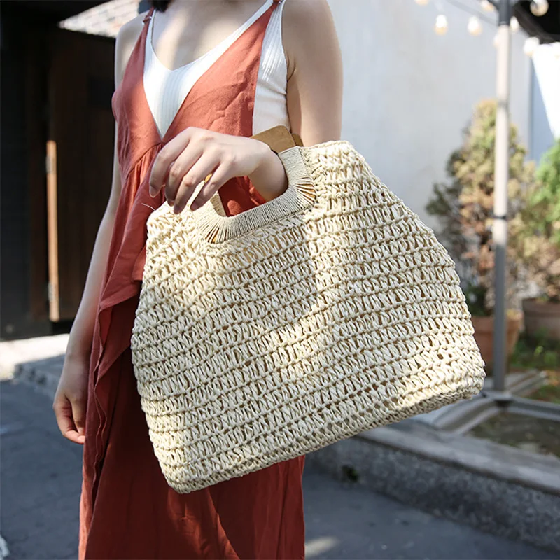 

Bohemian Women Straw Bags Handmade Square Handle handbag Large Capacity Beach Bag Fashion Simple Bags Summer Vintage Rattan Bag