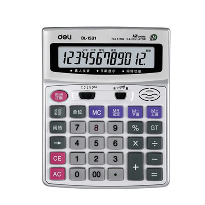 Calculadora de Voz Grande ao Vivo Deli Escritório Calculadora Comercial Pronúncia Eficaz Tela 12 Dígitos 1531