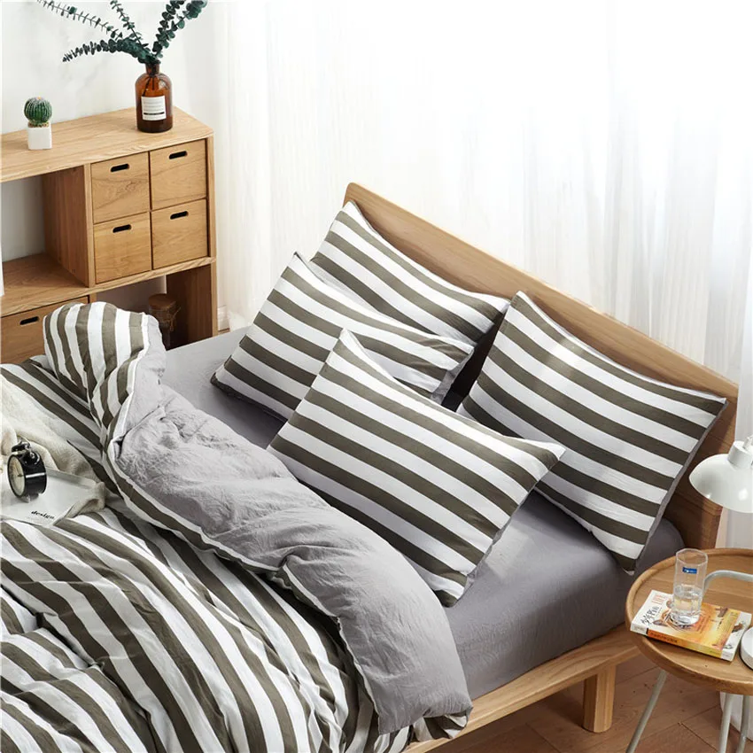 

Striped Plaid Bedding Set Queen King Duvet Cover Set Simple Washed Cotton Flat/Fitted Sheet Pillowcase Duvet Cover Set 4pcs/set
