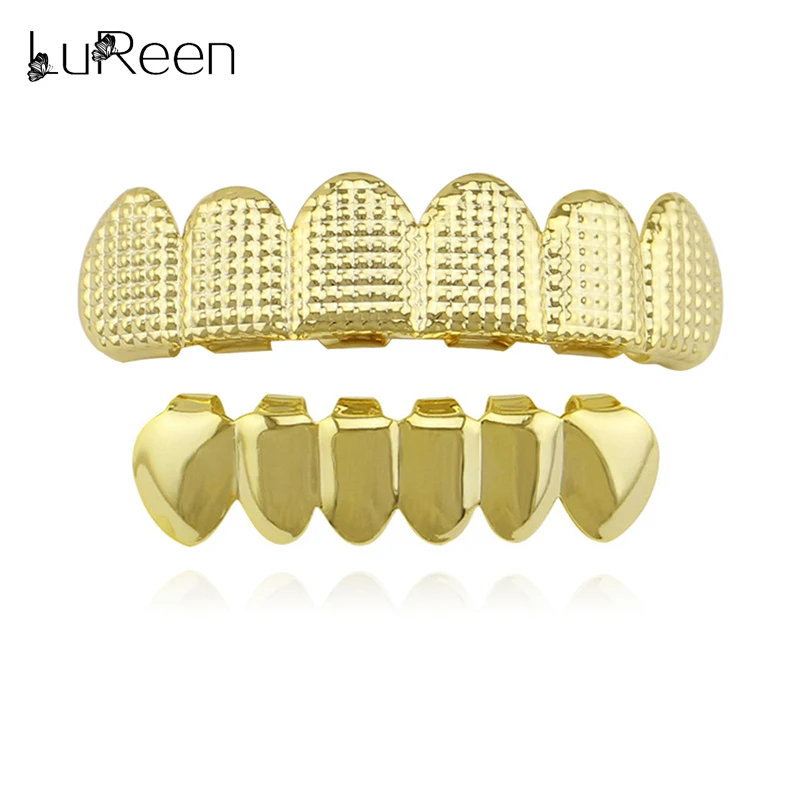 

LuReen Hip Hop Gold Teeth Grillz Top & Bottom Lattice Shape Grills Dental Cosplay Teeth Caps Tooth Grill Mouth Jewelry Party