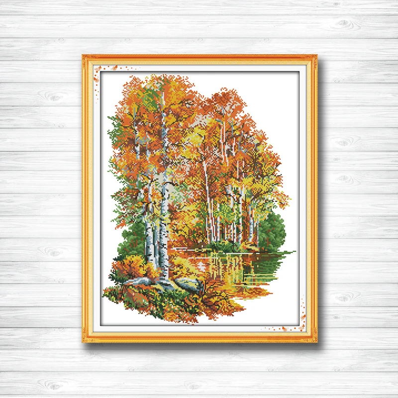 

In the autumn of birches scenery river painting dmc 14CT 11CT counted cross stitch Needlework Set Embroidery kits Home decor