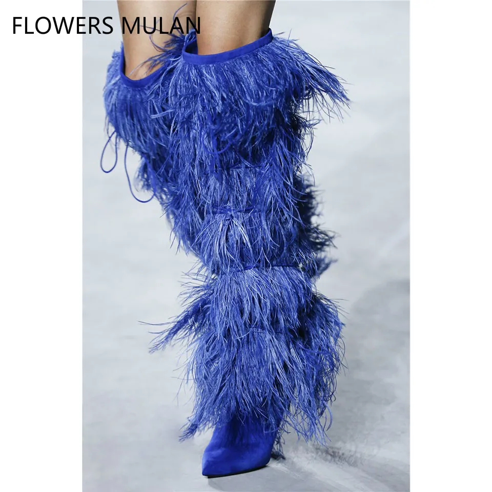 Fur Feather Cover suede Knee high boots women Pointy Tassel High heel