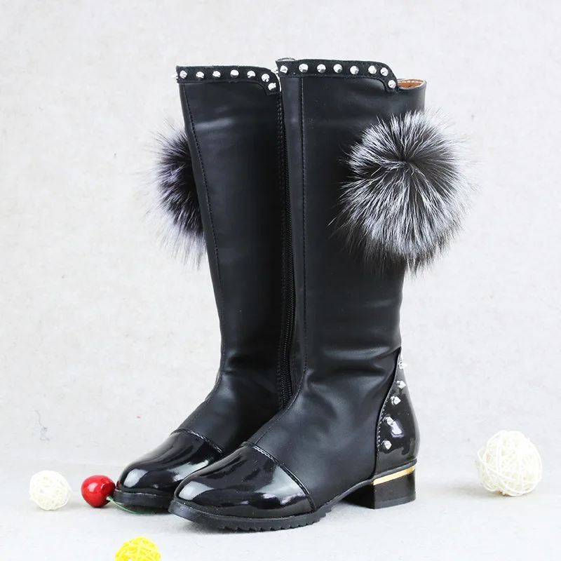 Г. Зимние Детские модные высокие сапоги зимние сапоги из искусственной кожи с мехом и заклепками для девочек Высококачественная детская зимняя обувь на низком каблуке - Цвет: Black