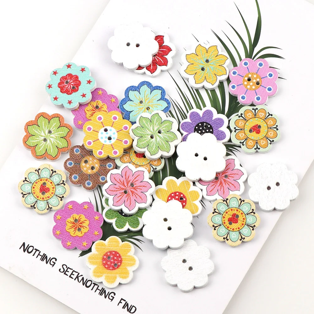 

50Pcs/set Colorful Sun Flower Shape Natural Wooden Buttons Wave Edge Scrapbook Sewing Clothes Accessories DIY Craft Mix Color