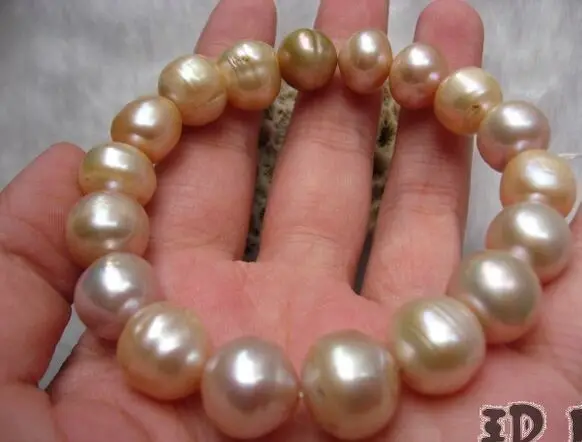 

HUGE 13-15mm natural south sea genuine gold pink Round pearl bracelet 7.5-8" AAA