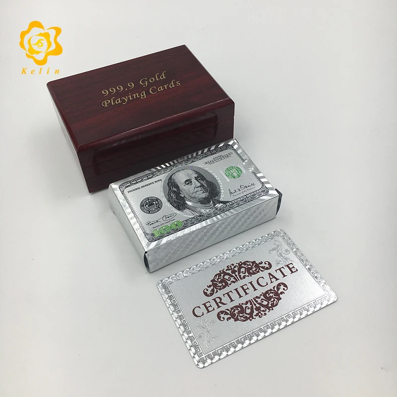 Прочный PET материал золото или серебро 100 USD банкноты спроектированные игральные карты с деревянной коробкой для игры в азартные игры и детские подарки