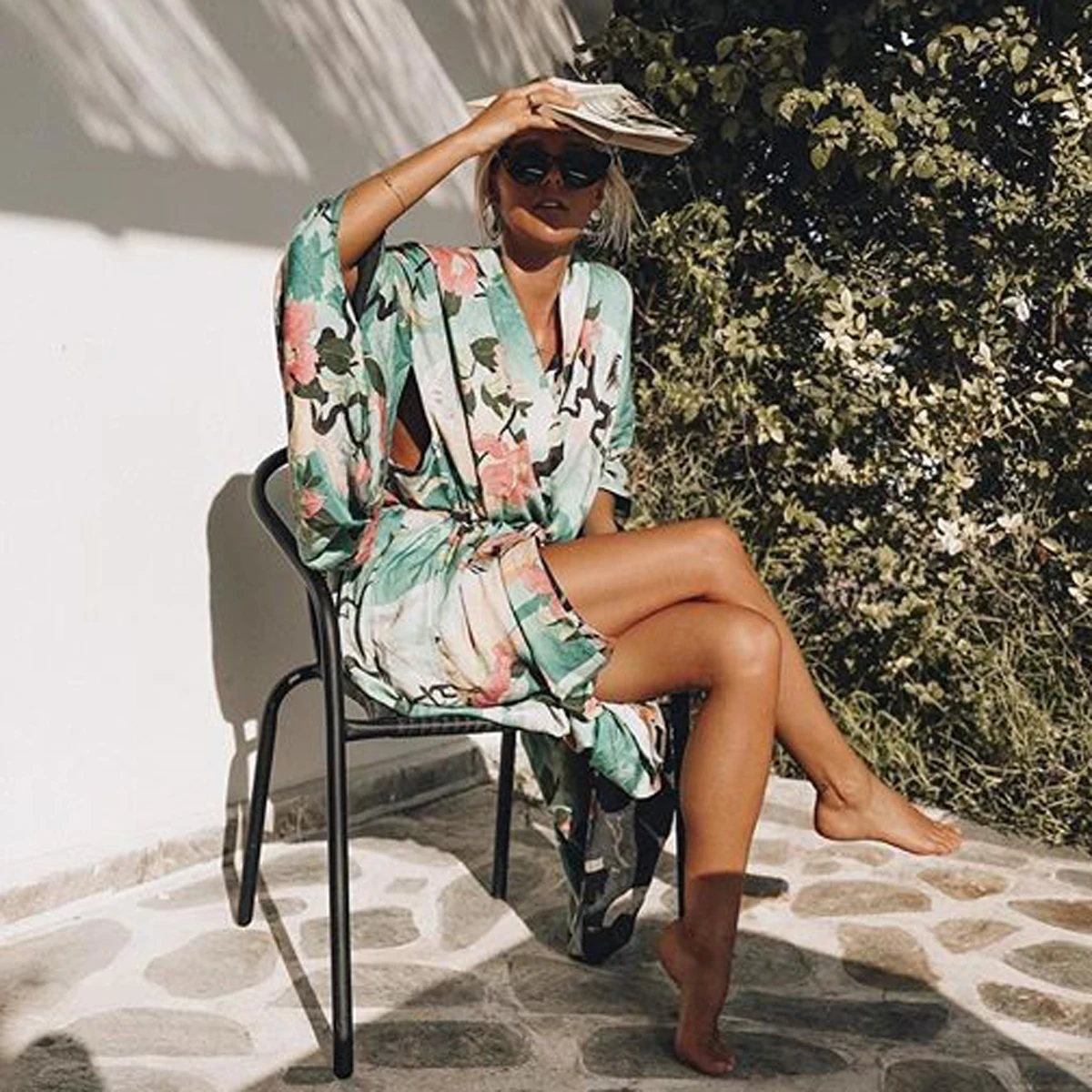 Jastie Green Floral Print Bird Women Jacket Cardigan Kimono Sleeve Loose Maxi Kimono Shirt 2018 Spring Summer Long Jackets Top