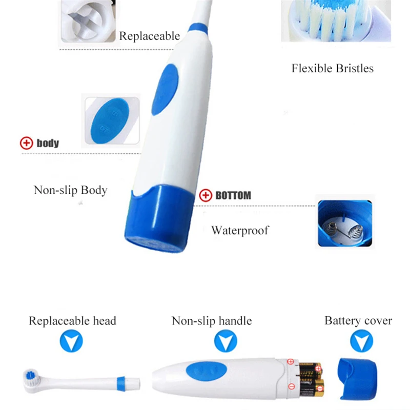 Электрическая зубная щетка для отбеливания зубов, 1 комплект, с 2 головками, на батарейках, гигиена полости рта, не перезаряжаемая зубная щетка